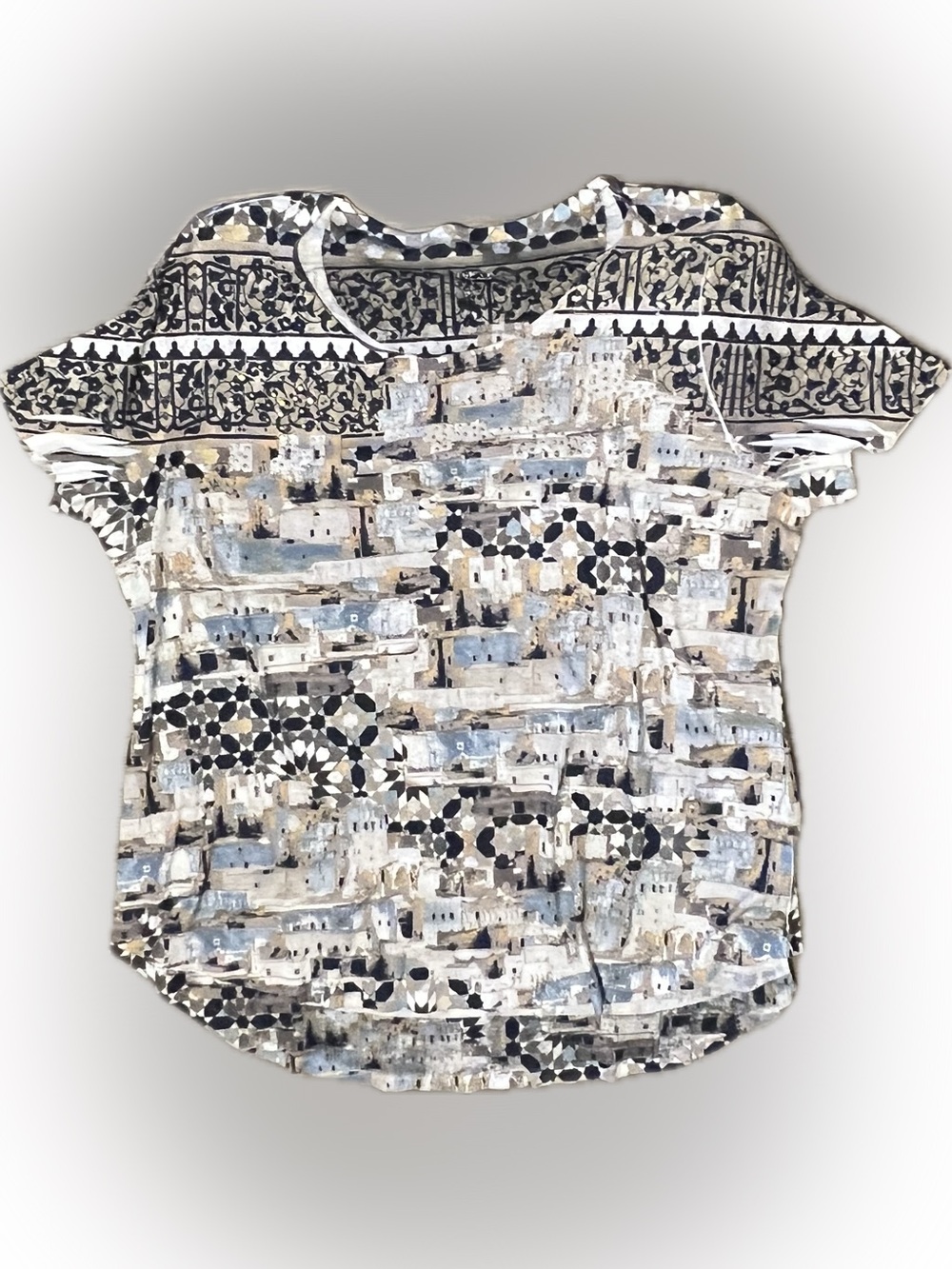🍄 Women’s Short Sleeve Style & Co Patterned Top  Gold Sequins Shirt Blouse 1X